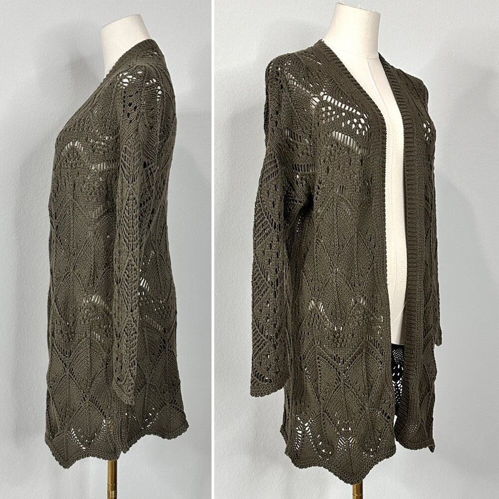 The Kooples XS Olive Green Crochet Open Knit Longline Cardigan Boho Festival - Picture 3 of 11
